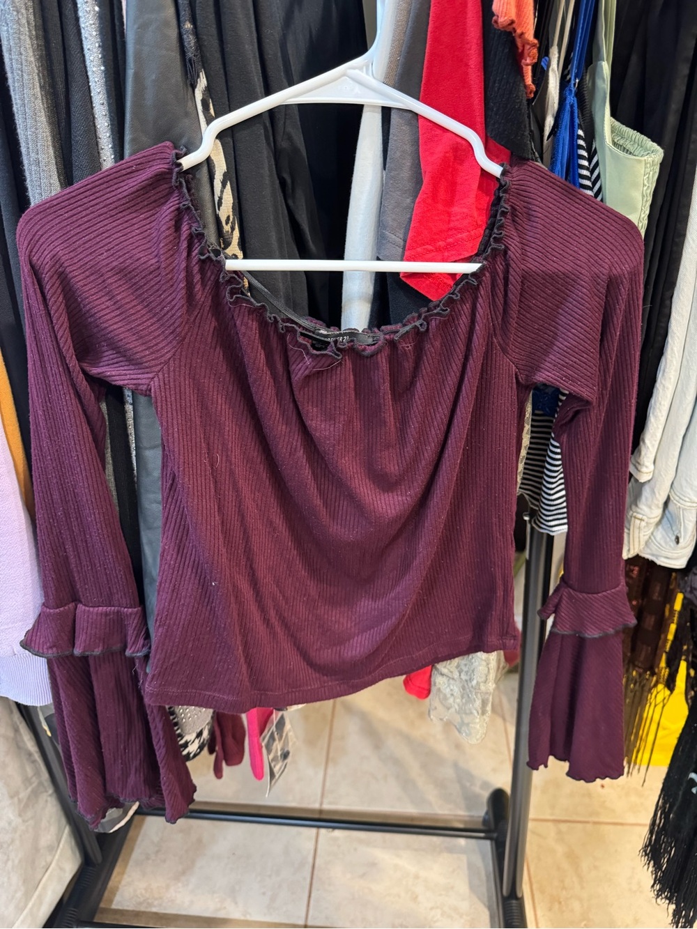 Forever 21 Plum Ribbed Off-Shoulder Long Sleeve Top with Ruffle Trim